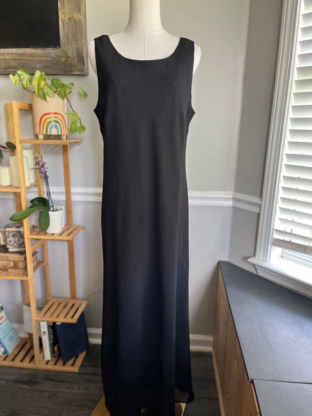 Vintage 90s Maxi Dress Black Textured Sleeveless Minimal LBD Size Large